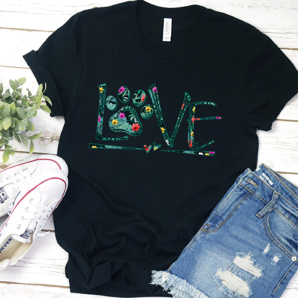 Dog Love Floral Colored Print T-Shirt - Aitapkir