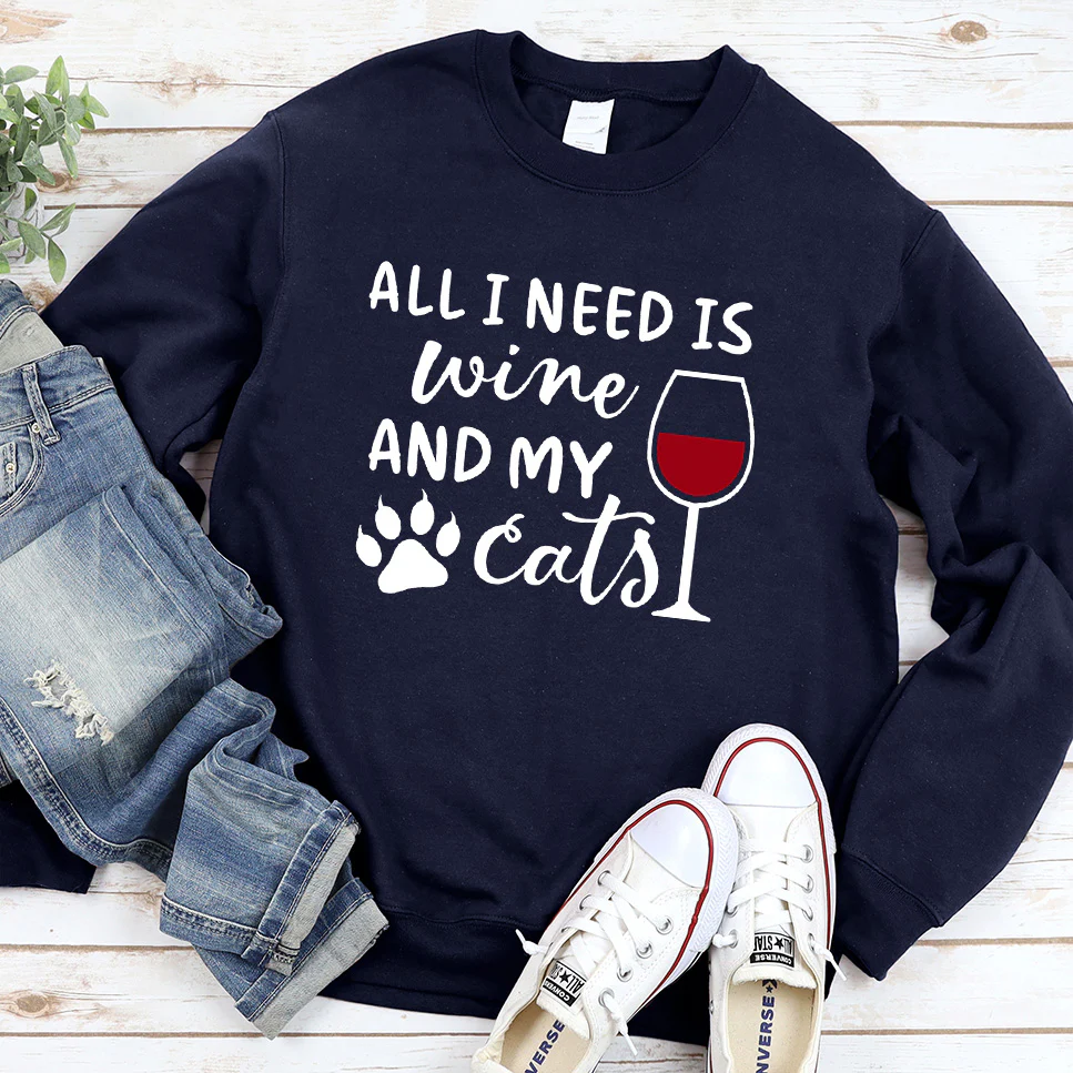 All I Need Is Wine And My Cats Colored Print Sweatshirt (Plural Version) - Aitapkir