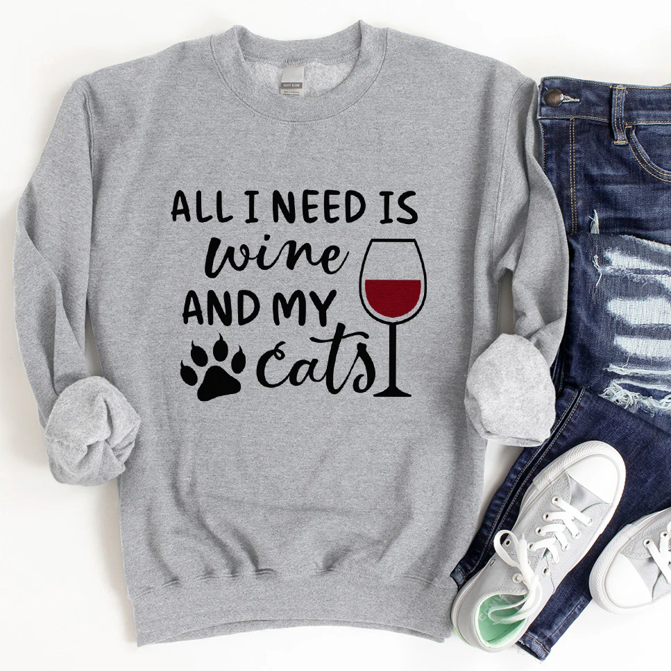 All I Need Is Wine And My Cats Colored Print Sweatshirt (Plural Version) - Aitapkir